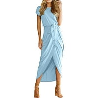 Gyouwnll Maxi haljine za žene O-izrez casual kratki rukav Slit Solid Party Summer Long Maxi haljina