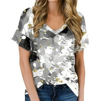 Ženski ljetni casual tiskani V-izrez kratki rukav labavi vrhovi bluze sa džepom sive s