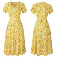 Žene cvjetni print V-izrez kratki rukav casual haljina za plažu žuti s