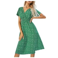 Ljetne haljine za žene cvjetni V-izrez A-line Midi haljina Temperament Club kratki rukav haljina zelena