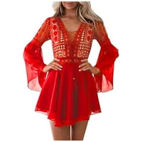 Lyinloo modni ženski šifon bljesak s dugim rukavima V-izrez dame izdubili mini haljinu crveni xl