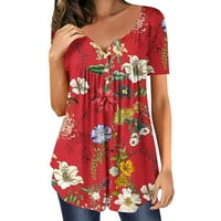 Žene plus veličina kratkih rukava V-izrez Summer cvjetni ispis T majica Labavi fit dugme Pulover bluza