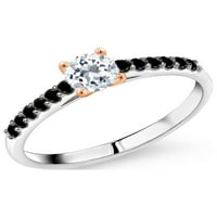 Gem Stone King 0. CT okrugli bijeli Topaz Crni dijamantni srebrni i 10K ružičasti zlatni prsten
