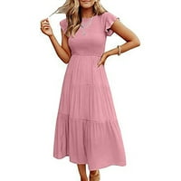 Ženske oblače Midi i Maxi dužina za ljeto Ženska ljetna temperatura učvršćeni u boji Leteći rukavi Velika suknja Srednja haljina