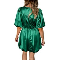 Ljetne haljine za žene Ženska satenska haljina od pune boje V-izrez Srednja haljina, stručna haljina kratka rukava vojska zelena xxl