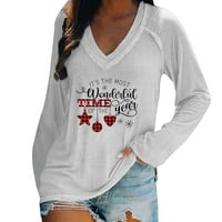 Prodaja ženske modne košulje s dugim rukavima V-izrez Božićni grafički grafički ispis bluza casual pulover