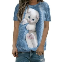 Košulje za ženske ležerne labave mačke ispis kratkih rukava za bluzu Crewneck