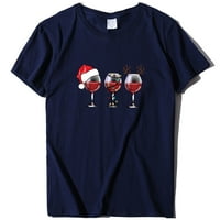 Ženski vrhovi ženske božićne ležerne majice vinsko staklo tiskani kratkih rukava