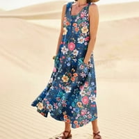 Gaiseeis Fashion Summer Casual Ugodni cvijet od pamuka bez rukava s džepom plaža haljina za žene mornarice xxxxxl