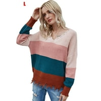 Ženski labavi pleteni džemper s dugim rukavima V-izrez