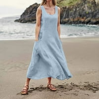 Ljetne haljine za žene Scoop temperament za vrat Dužina gležnja Čvrsta sandress haljina bez rukava Blue
