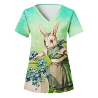 Bluze za žene Fit Fit ženski modni Uskrsni tisak kratkih rukava V-izrez V-izrez Radni džep bluza Dame Top Green 4XL