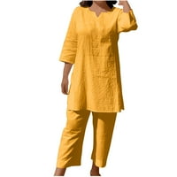 Cotonie ženske dvodijelne odjeće ljeti jesen V izrez polu rukave + široke pantalone za noge svakodnevno casual wear žuti s