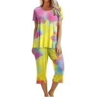 Funicet Womens pidžamas ljetni cvjetni kratki rukavi s kratkim rukavima s kaprisu hlače za spavanje za spavanje sa dnevnim boravkom PJS setovi w džepovi
