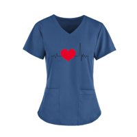 Štedbene košulje kratkih rukava V-izrez EKG grafički tisak vrhovi pokloni za žene opušteno-fit pulover bluza Ležerne prilike radne uniforme džepova Tee Majica Modna odjeća Sky Blue XL