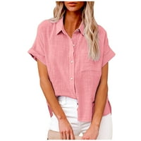 Puntoco Womens Plus Veličina vrhova za čišćenje, ženski vrhovi majica čvrstog gumba Ženska V-izrez labava majica Bluza Pink