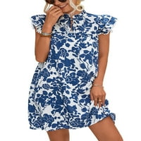 Grianlook Ženske kratke mini haljine cvjetni ispis majica haljina bez rukava dame bez rukava baggy casual v izrez plavi xl
