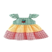 Wakeuple Baby Girl A-line haljina, leteći rukav kvadratni izrez Controst Color Plaid vezom trešnje haljina