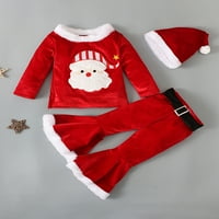 Nokpsedcb Božićne djece Little Girls Obne odjeće Pismo Santa Print Dugi rukav Velvet Tors + flared hlače + šešir Santa Claus 2- godine