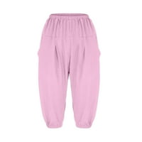 Yuwull Ljeto Capri hlače za žene, žensko pamučno posteljino dugme obrezane hlače gležnjače pantalone