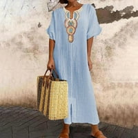 Ženske plus veličine Maxi haljine Pamučni posteljina Vintage Print V Vrat Prevelizirani prorez Duga