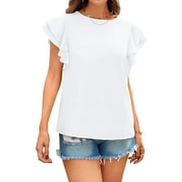 Bijele majice za žene Casual okrugli vrat Šifon vrh dvostruki ruffff dugme za bluzu s kratkim rukavima