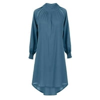 Haljine za žene plus veličina haljina pamučna posteljina nabrajana lekcija pune boje dugih rukava plava m