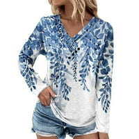 Ispod $ plus veličine za žene za žene Ležerne prilike s dugim rukavima, Grafički pulover s V-izrezom Otisci ženske majice Plava L