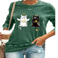 Ženske majice s dugim rukavima Pulover vrhove Cat tiskane casual bluza zelena 3xl