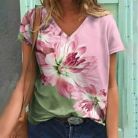 Odeerbi ljetni vrhovi kratkih rukava za žene V izrez majica modna kauzalna bluza za ispis ružičaste