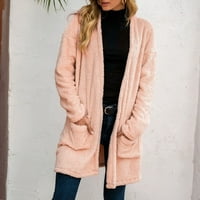 Guvpev ženska moda plus veličina boja plišani dugi rukav džepni kaput srednjeg duljina - ružičasta m