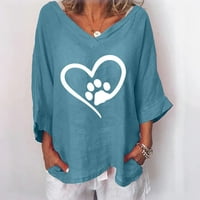 Pamučne majice za žene modno srce tiskano V- izrez dugih rukava majica pamučna posteljina bluza labav