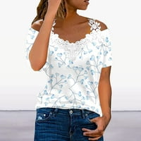 Ljetna bluza Ženska V-izrez čipke za patchwork vrhovi kratkih rukava majica tiskana majica Tunic Top