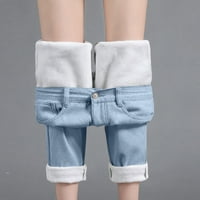 HAXMNOU Ženske zimske tople debele pantalone postrojene termalne ravno jeance hlače svijetlo plava m