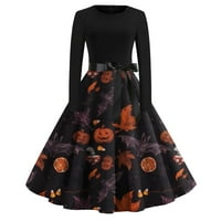 Crne haljine za žene Gothic Goth Halloween Print Flare za zabavu s dugim rukavima Ležerne prilike