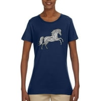 Crno-bijeli mozaik Retro Mandala Wild Horse životinja Ljubitelj žene Ženska grafička majica, Mornarsko,