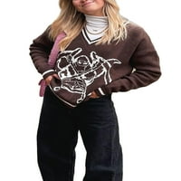 Hirigin Ženski džemperi za okrugle vrata, Dugi rukav životinjski čudovište Ispiši labavi fit pletene