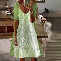 Ljetne haljine za žene V-izrez otisnute a-line duljine koljena labava Dnevna haljina s rukavima zelena