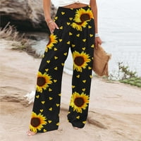 Ylioge Womens Proljeće Trendi pantalone Džepovi visoki struk Široke pantalone za noge Stretchy cvjetni
