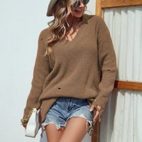 Ženski džemper s V-izrezom dugih rukava s dugim rukavima slobodno udobne pletene džemper od pune boje