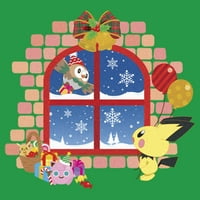 Junior's Pokemon božićni prozor grafički tee Kelly Green Veliki