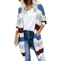 Ženska boja blok kardigan s dugim rukavima otvoren džemper od pletena gužva sa džepovima
