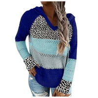 Modne žene Leopard Patchwork V-izrez duge rukave s kapuljačom s kapuljačom bluza bluza plavi xxxl