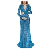Fsqjgq midi haljina s rukavima ženska materinska fotografija za trudnice čipke modni dugi rukav V izrez Maxi večernja haljina plava veličina 2xl
