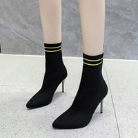 Ženske čizme istaknute prstiju prozračne cipele s visokom petom pletene kratke modne čizme Mid Heel crna 7