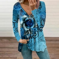 Modni ženski gumb Retro Print V-izrez T-izrez Dugi rukav Ležerne prilike plus veličina Bluze Majica