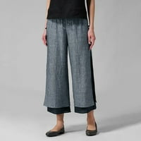 Ženska boja Blok kopča široke noge Capri hlače pamučne posteljine dvostruki sloj obrezane pantalone