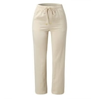 Teretne pantalone za žene Trendi laneni struk pamučne i elastične čvrste vučne kockice duge ravne pantalone