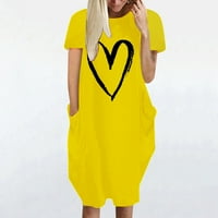 Wendunide haljine za žene modne žene labave ljubavne ispise O-izrez džepove casual kratkih rukava haljina žuta