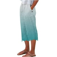 Ženske posteljine pantalone casual scallop hem elastični struk ravno širok gradijent nogu obrezane hlače